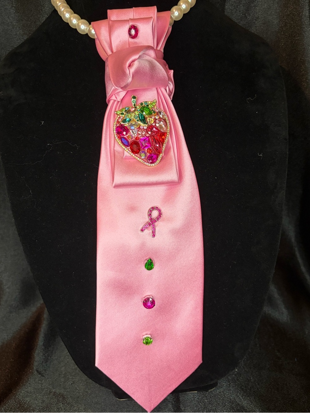 Pink Satin Decorative Necklace Tie with Jeweled Heart Accent